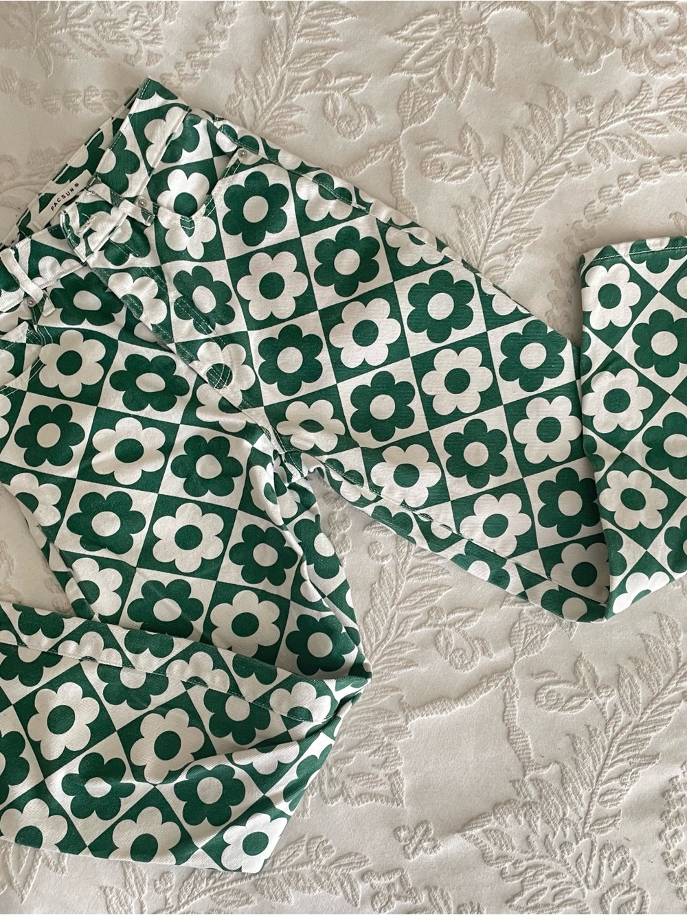 PacSun Green and White Floral Check Jeans